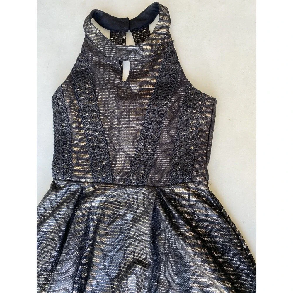 GB Girls Black Gold Metallic Rose Floral Halter Fit Flare Party Dress Medium